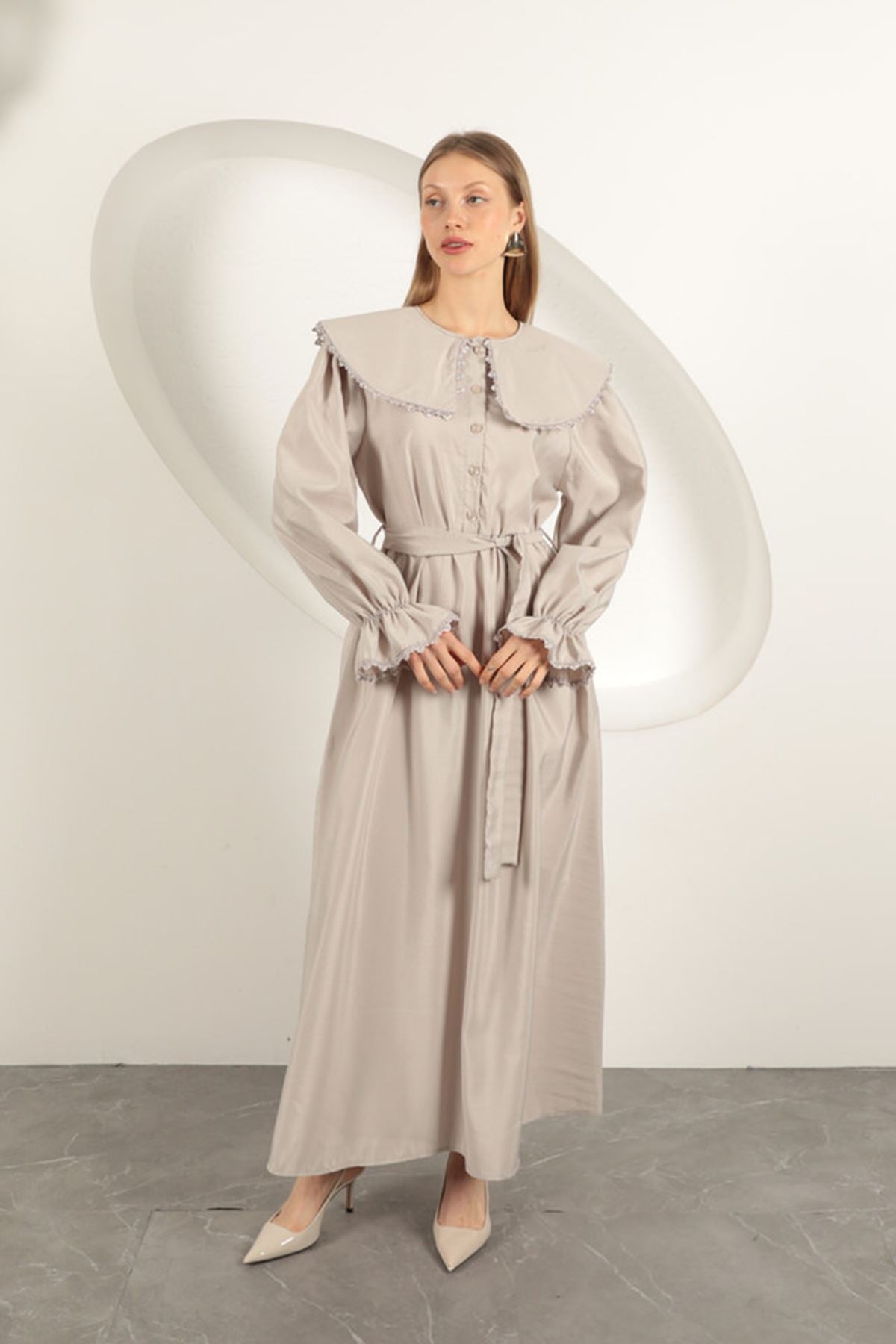 Modal Kumaş Dantelli Kadın Elbise-Taş