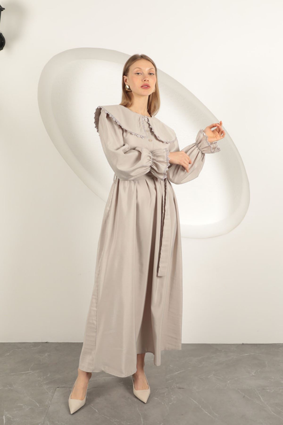 Modal Kumaş Dantelli Kadın Elbise-Taş