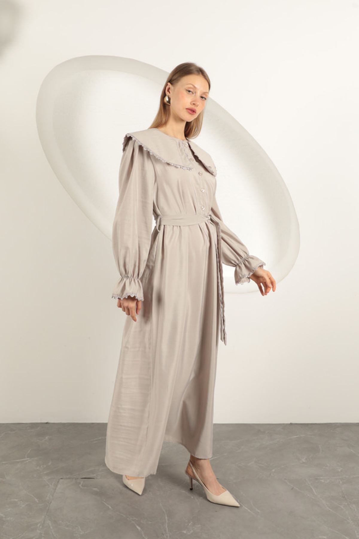 Modal Kumaş Dantelli Kadın Elbise-Taş