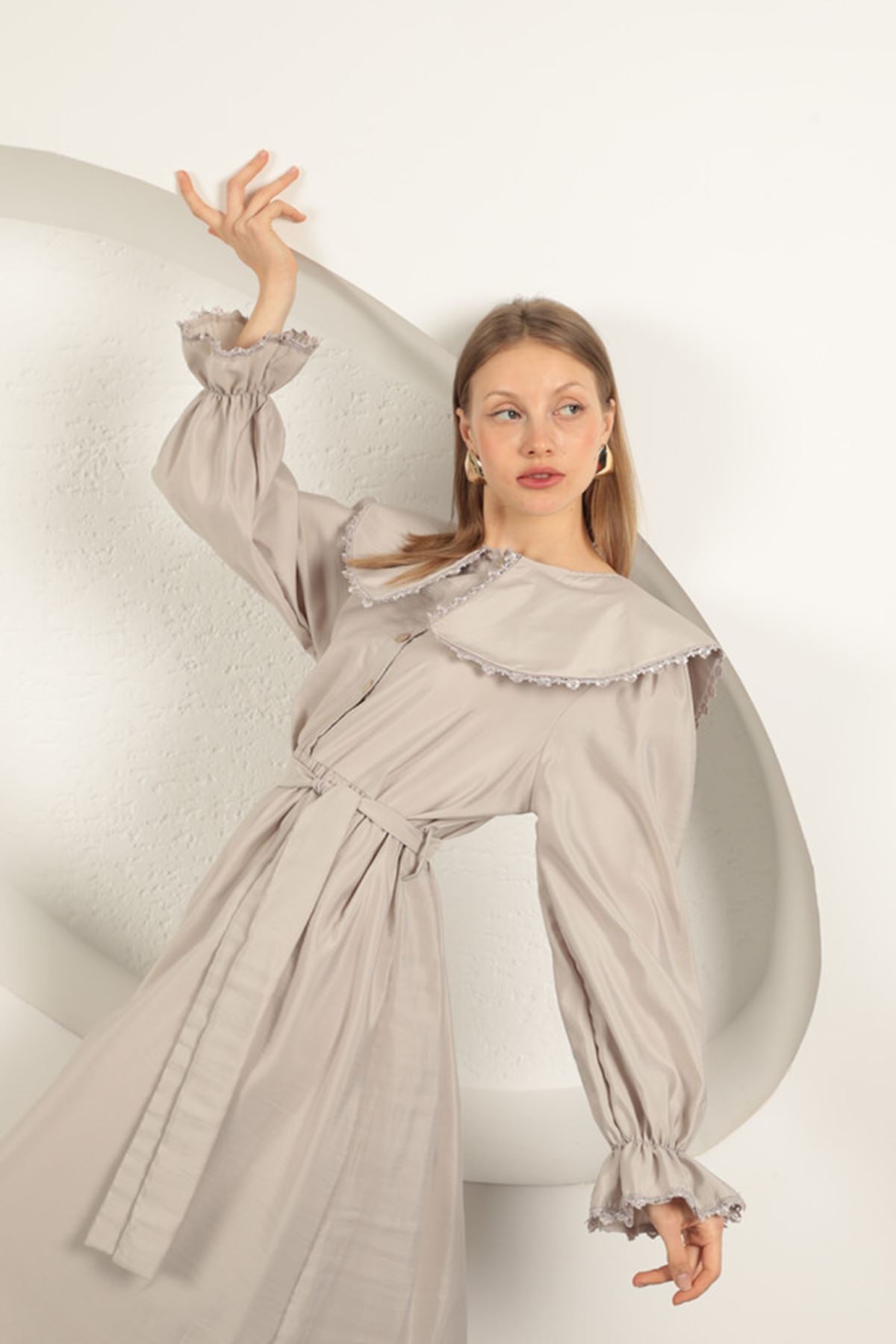 Modal Kumaş Dantelli Kadın Elbise-Taş