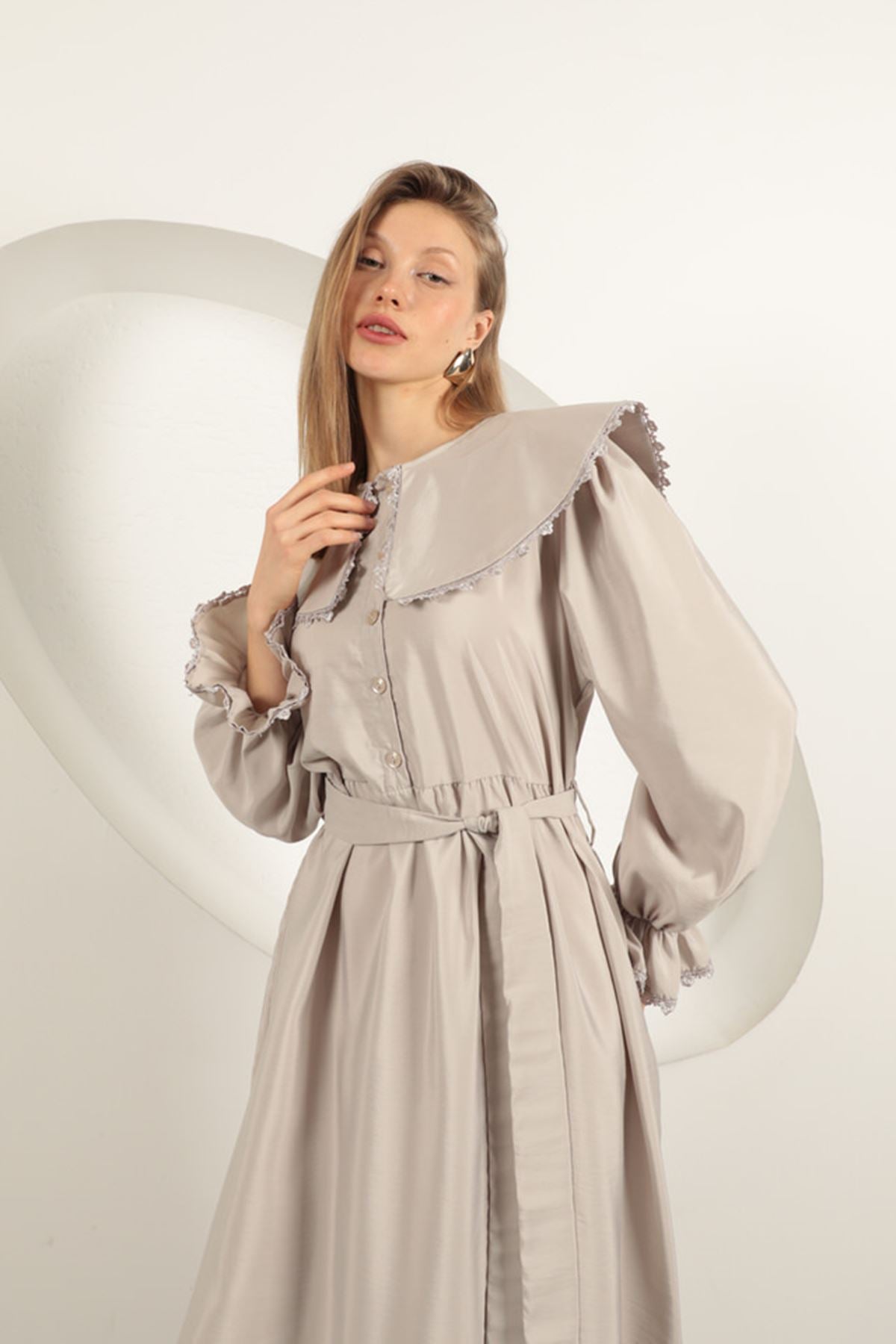 Modal Kumaş Dantelli Kadın Elbise-Taş