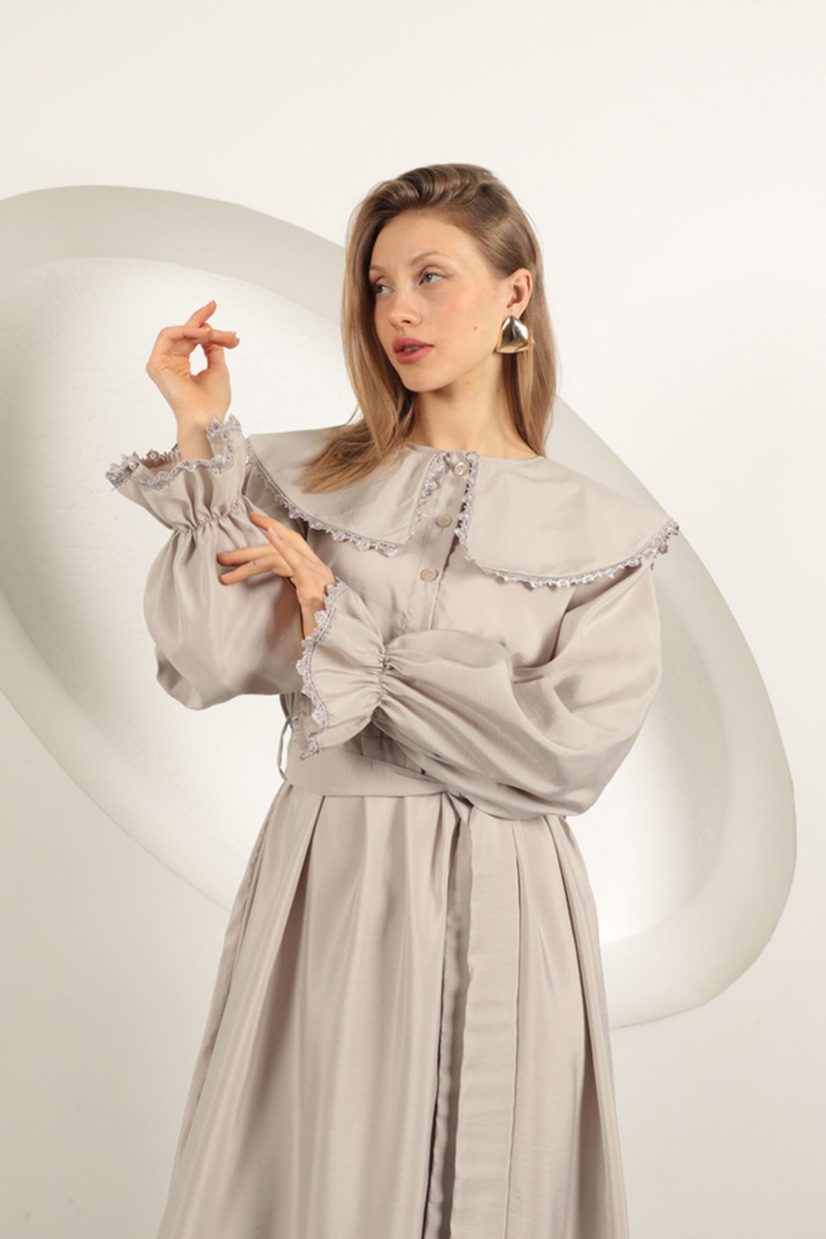 Modal Kumaş Dantelli Kadın Elbise-Taş