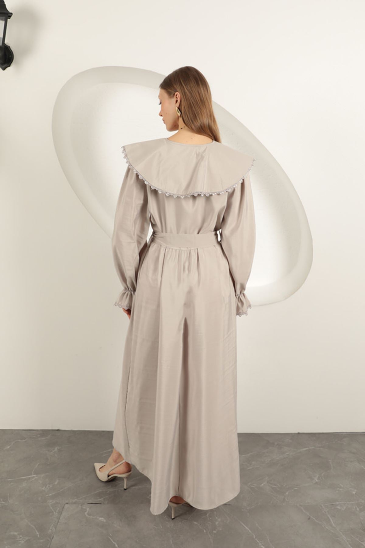 Modal Kumaş Dantelli Kadın Elbise-Taş