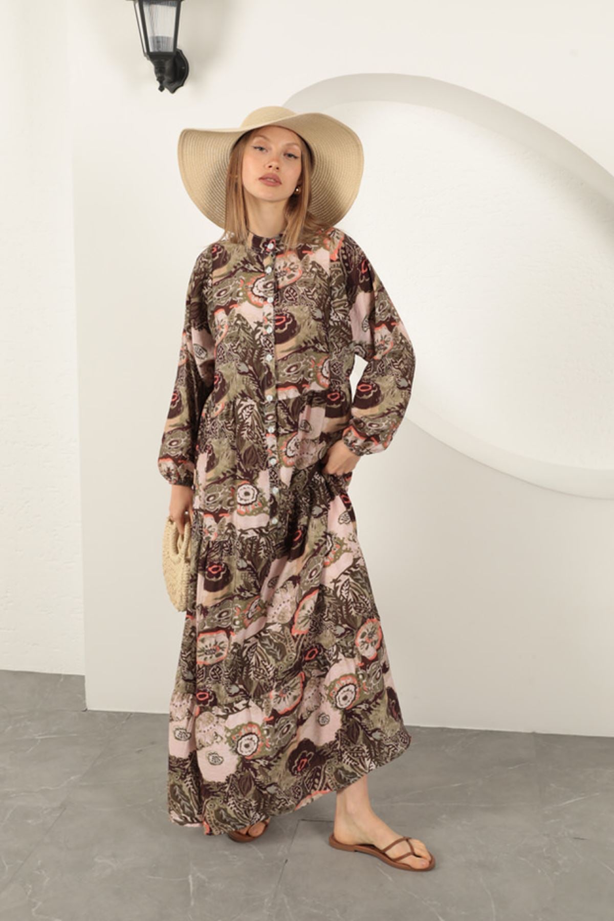 Viskon Kumaş Etnik Desenli Elbise-Haki