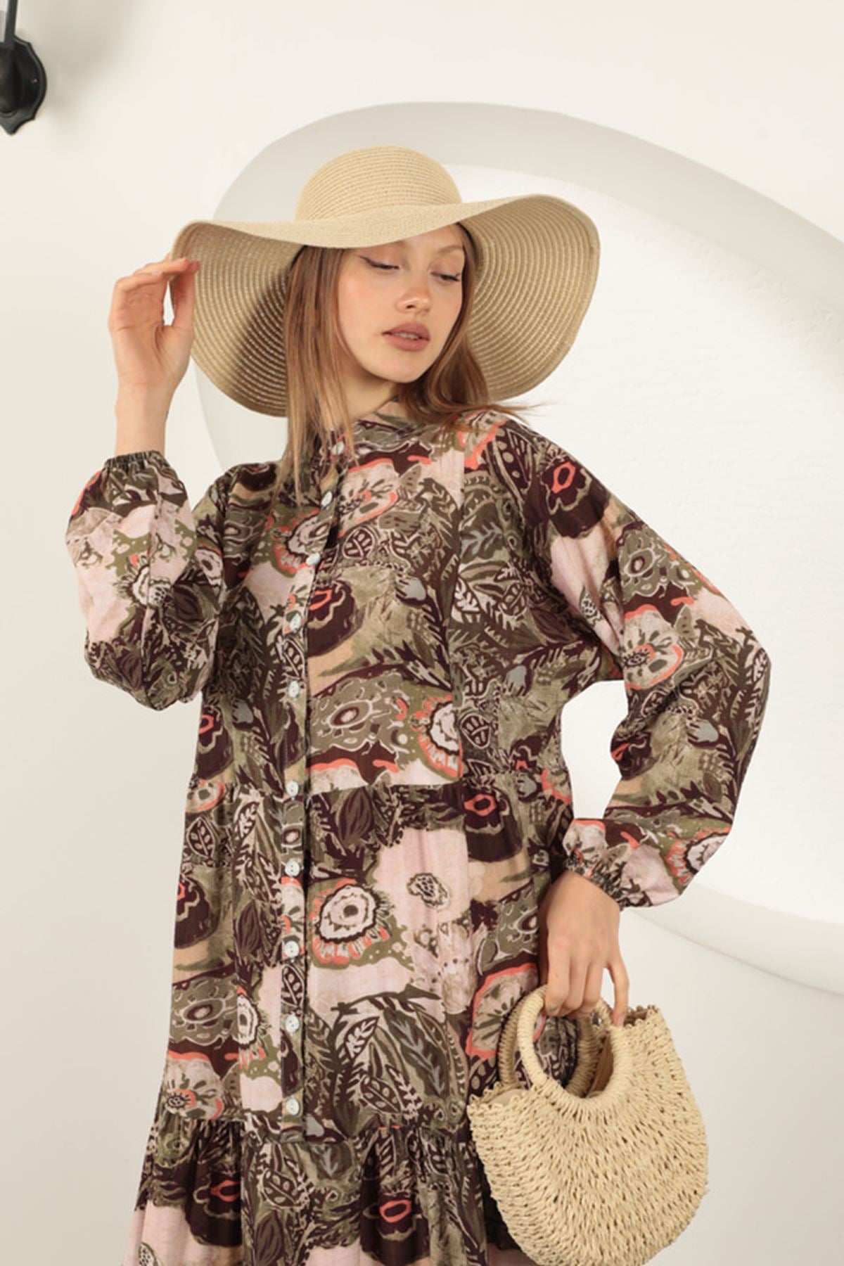 Viskon Kumaş Etnik Desenli Elbise-Haki