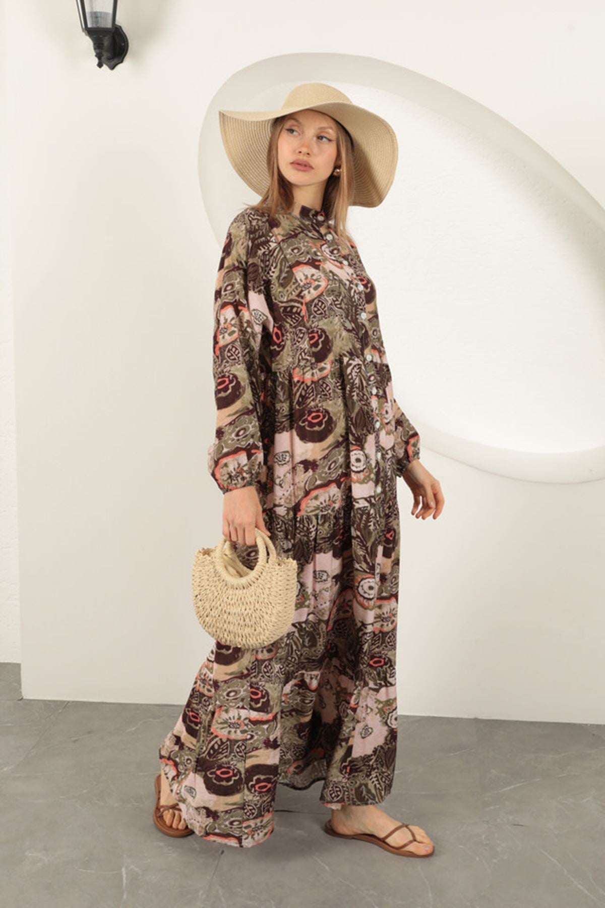 Viskon Kumaş Etnik Desenli Elbise-Haki