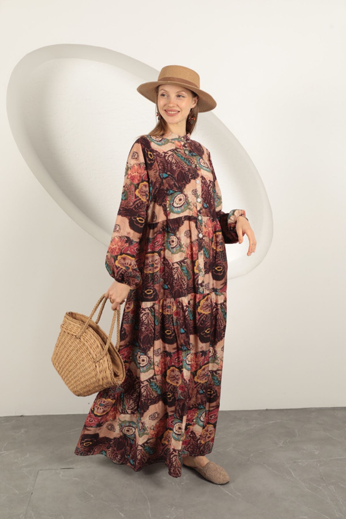 Viskon Kumaş Etnik Desenli Elbise-Oranj