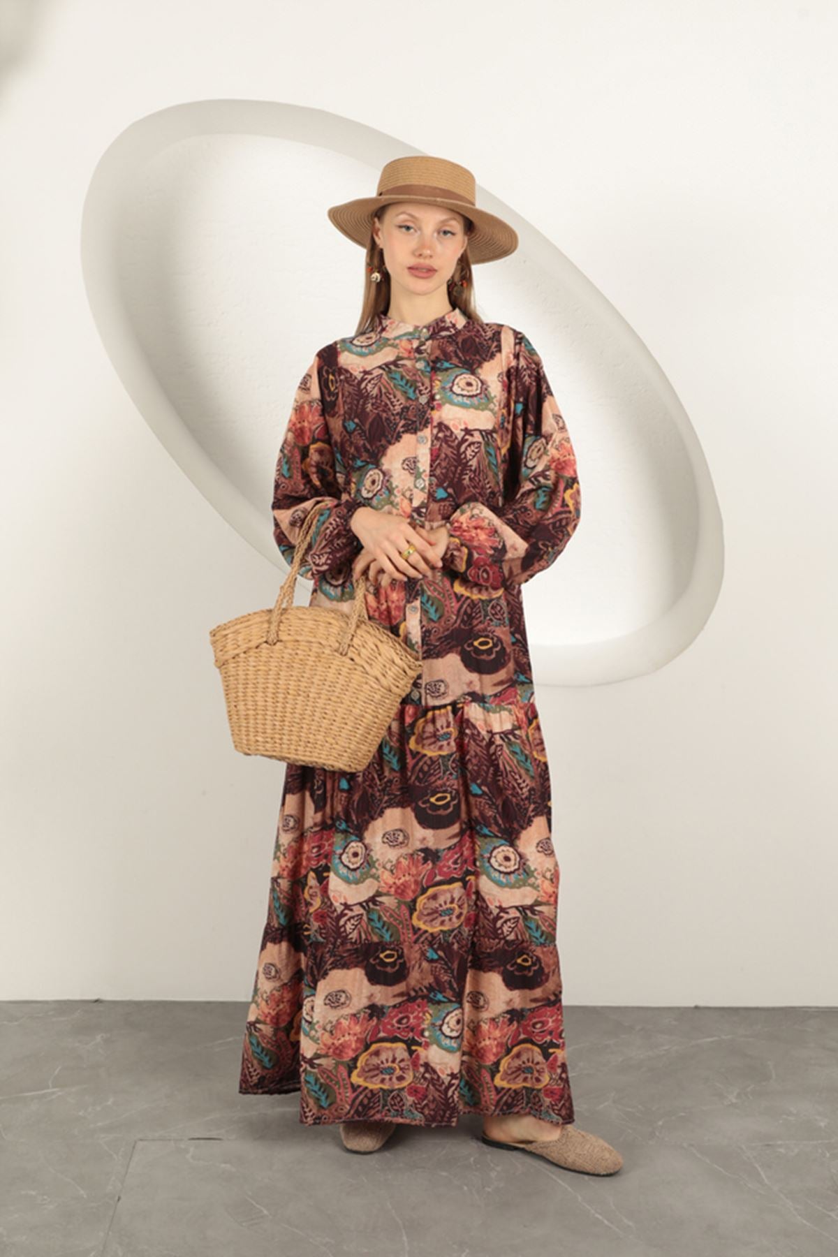 Viskon Kumaş Etnik Desenli Elbise-Oranj