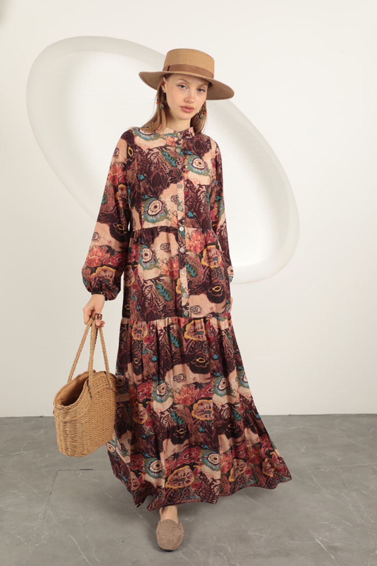 Viskon Kumaş Etnik Desenli Elbise-Oranj