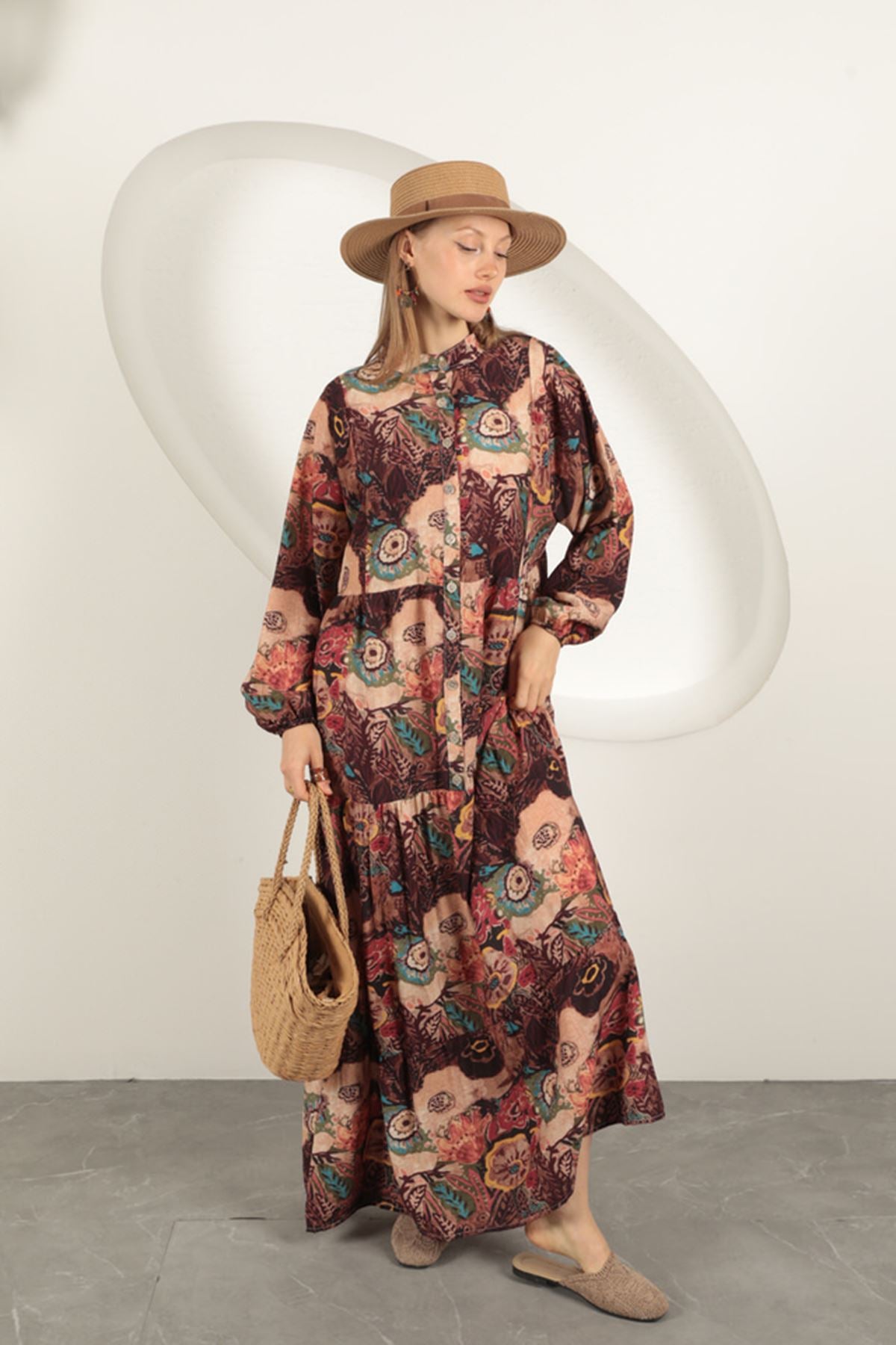 Viskon Kumaş Etnik Desenli Elbise-Oranj