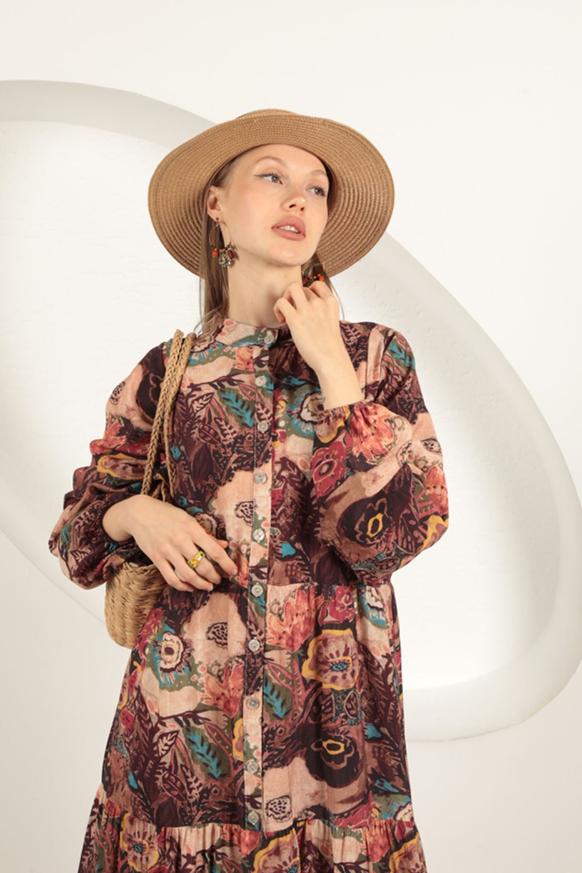 Viskon Kumaş Etnik Desenli Elbise-Oranj