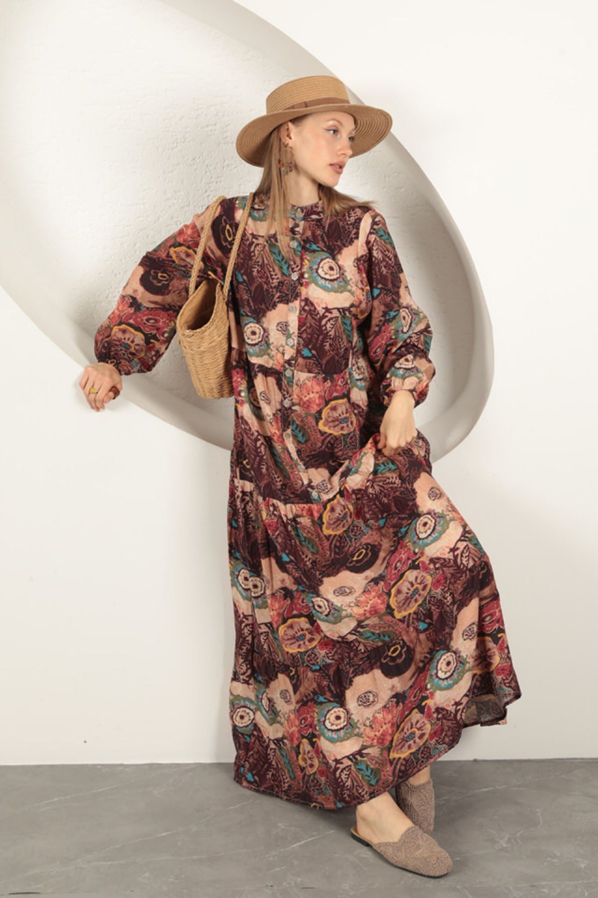 Viskon Kumaş Etnik Desenli Elbise-Oranj