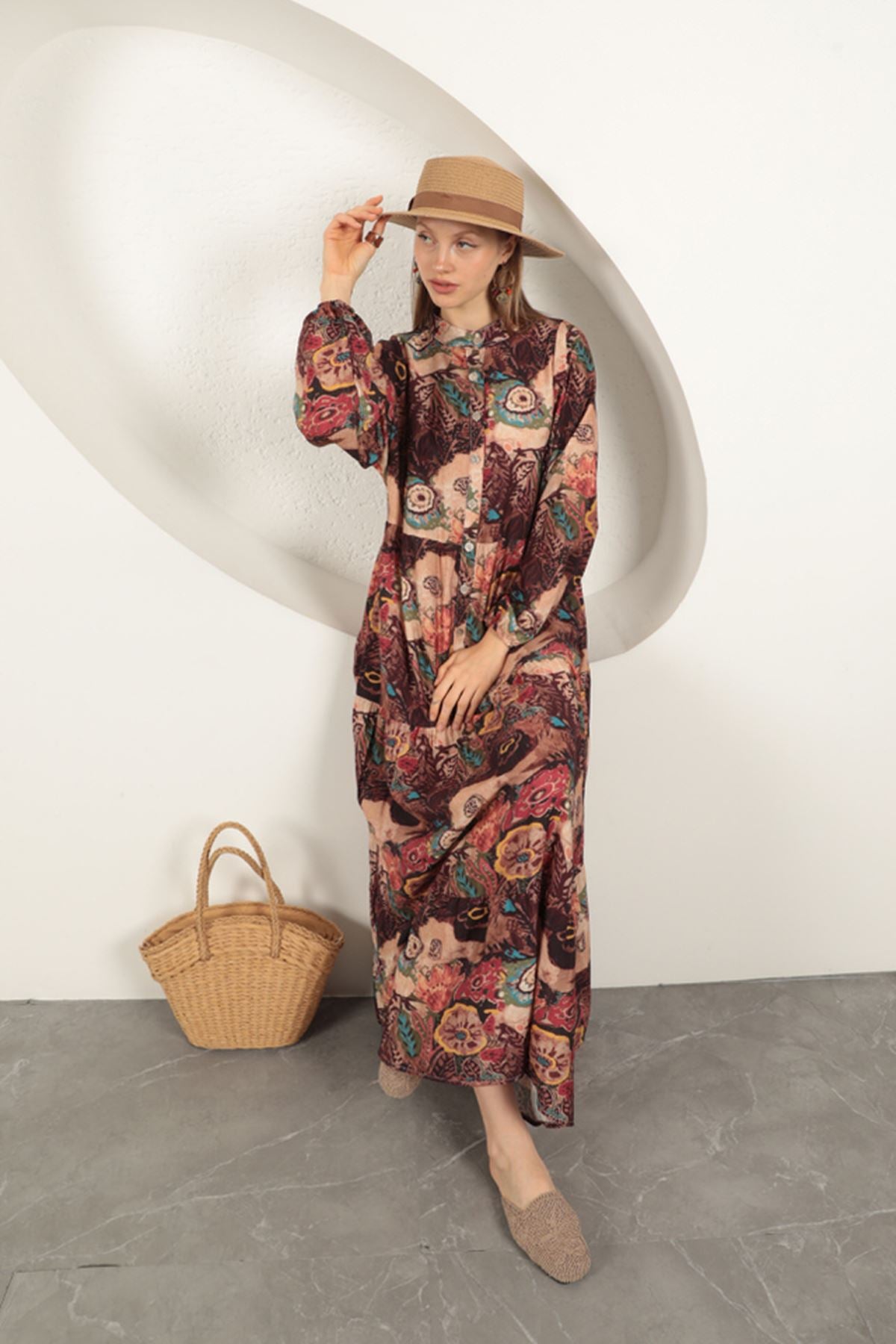 Viskon Kumaş Etnik Desenli Elbise-Oranj