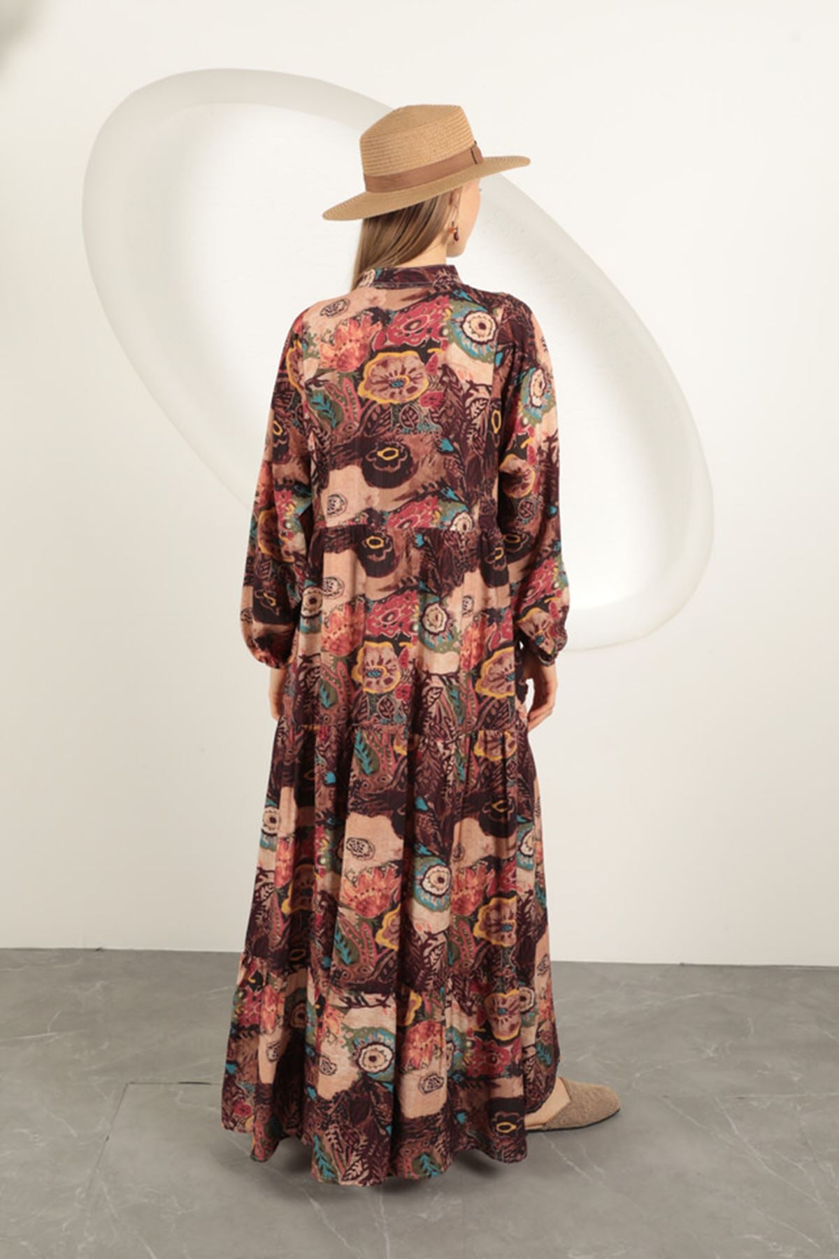 Viskon Kumaş Etnik Desenli Elbise-Oranj