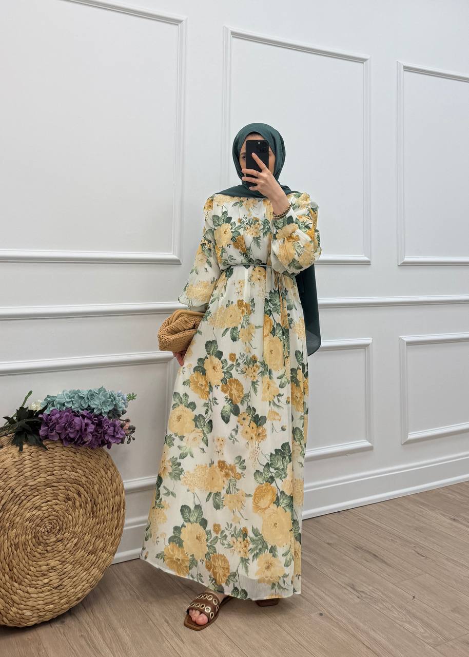 Lavinia Çiçek Desenli Şifon Elbise - Sarı