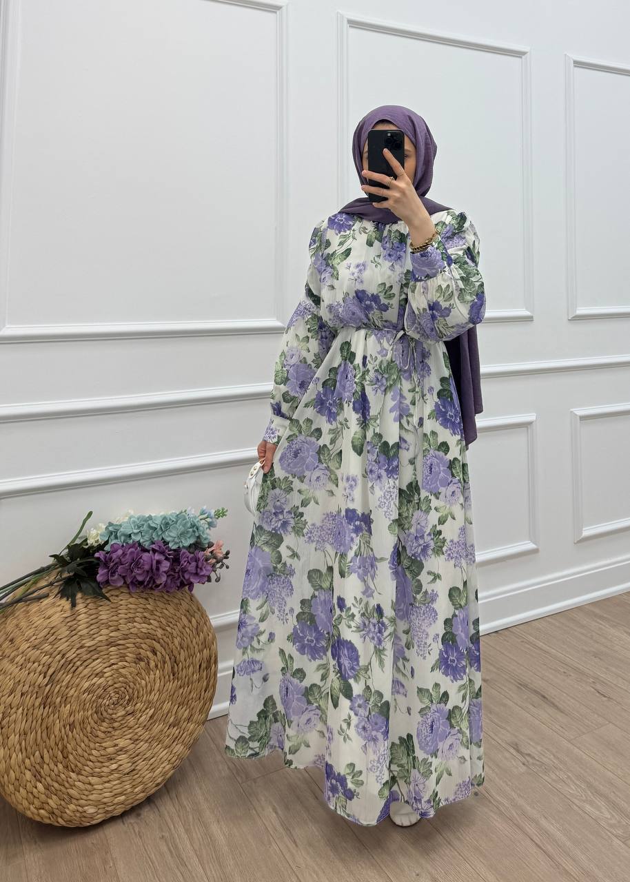 Lavinia Çiçek Desenli Şifon Elbise - Menekşe