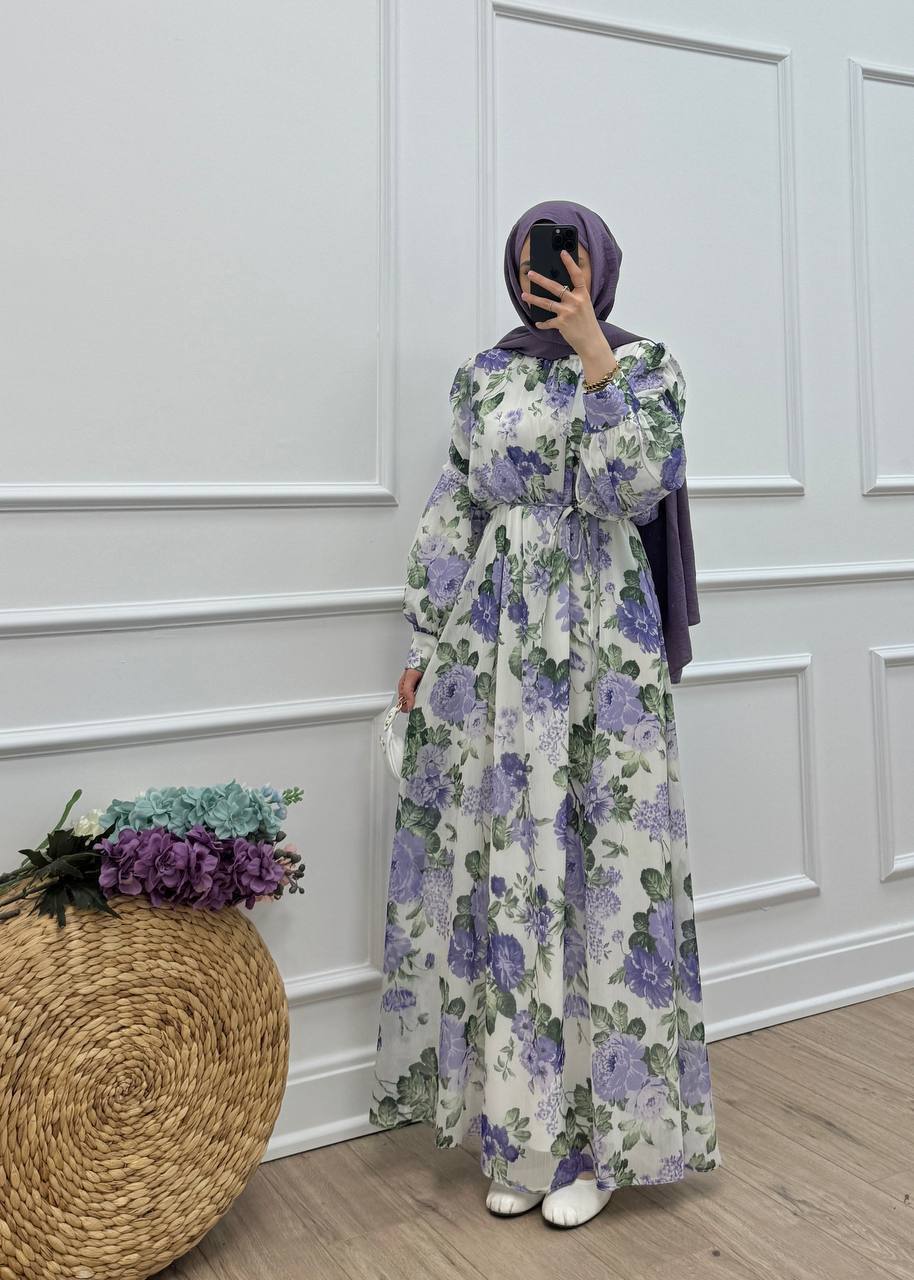 Lavinia Çiçek Desenli Şifon Elbise - Menekşe