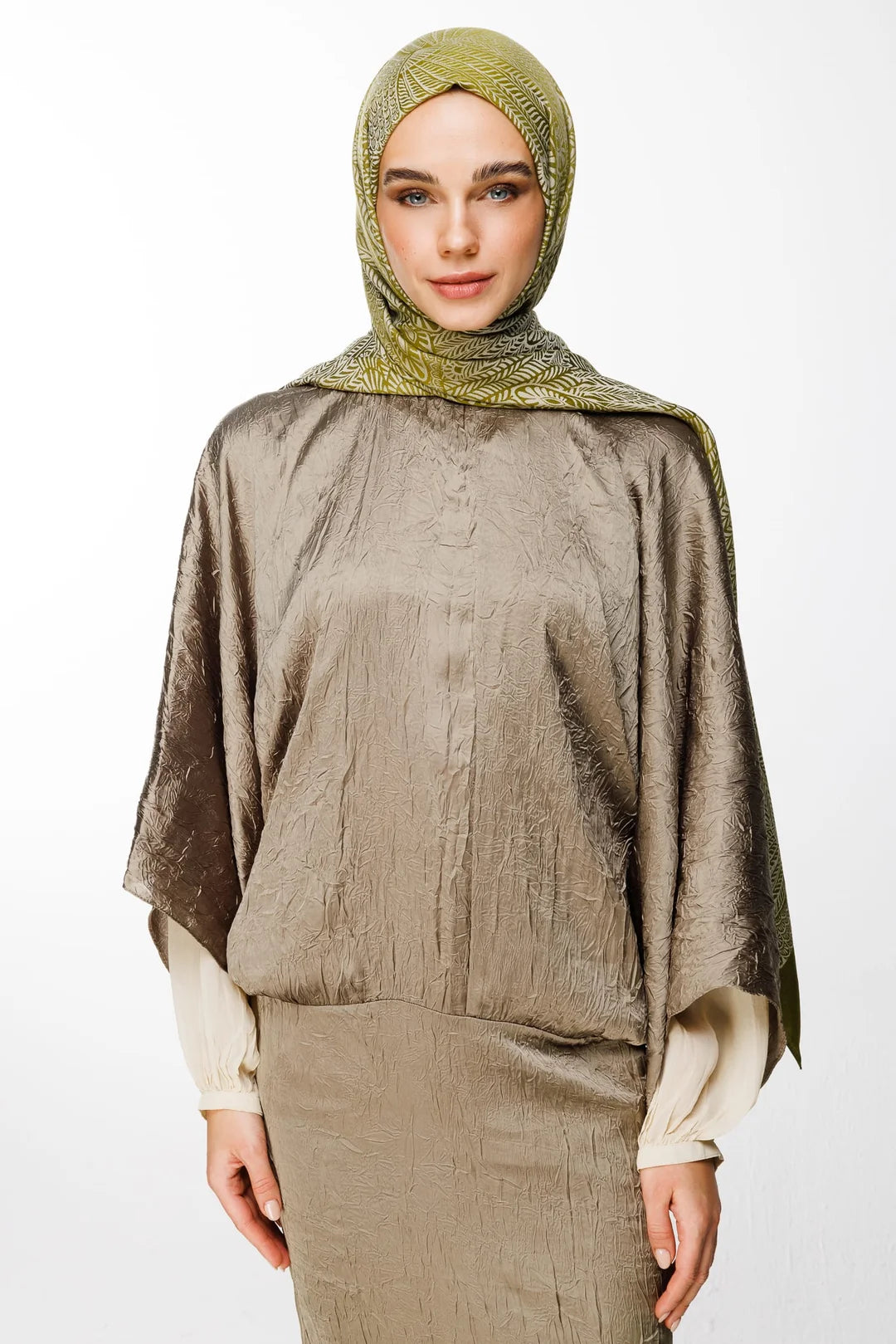 Mayra Desen Çift Taraflı Şal Yağ Yeşili - Ekru