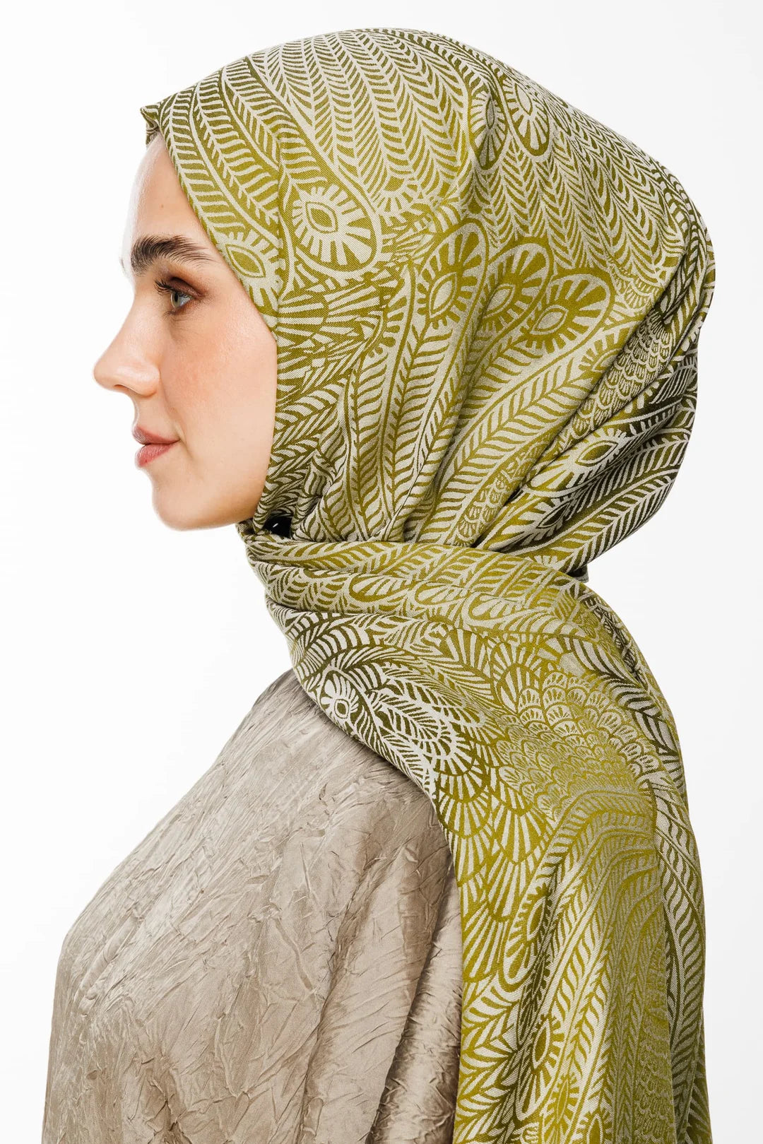 Mayra Desen Çift Taraflı Şal Yağ Yeşili - Ekru