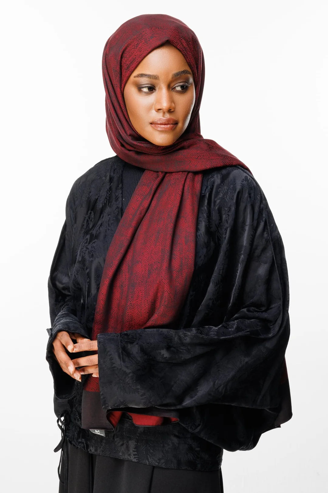Sahra Desen Çift Taraflı Şal Siyah - Bordo