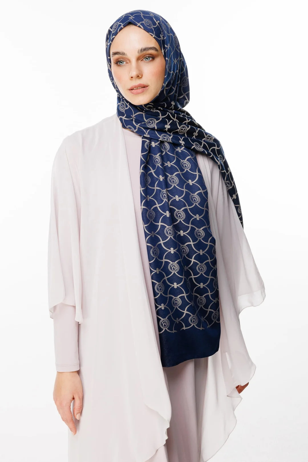 Marrakech Desen Çift Taraflı Şal Lacivert - Bej
