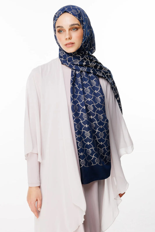 Marrakech Desen Çift Taraflı Şal Lacivert - Bej
