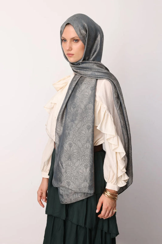 Moren Desen Shine Line Şal Petrol Mavisi - Bej