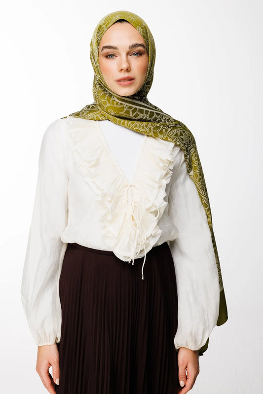 Lavin Desen Çift Taraflı Şal Yağ Yeşili - Ekru