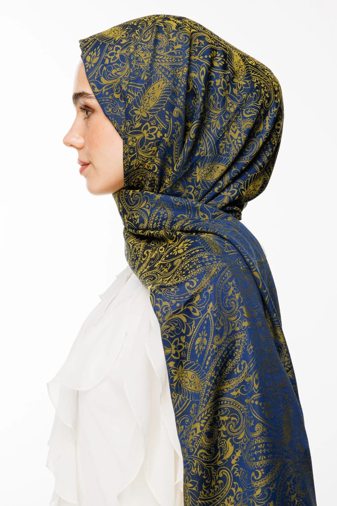 Velora Desen Çift Taraflı Şal Lacivert  - Yağ Yeşili