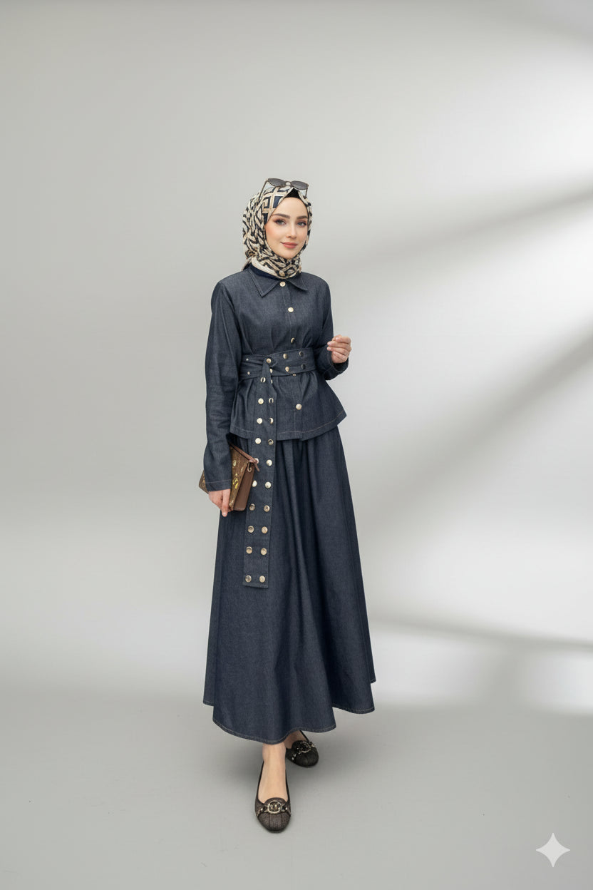 Dora Gold Düğmeli İkili Tok Takım Koyu Mavi