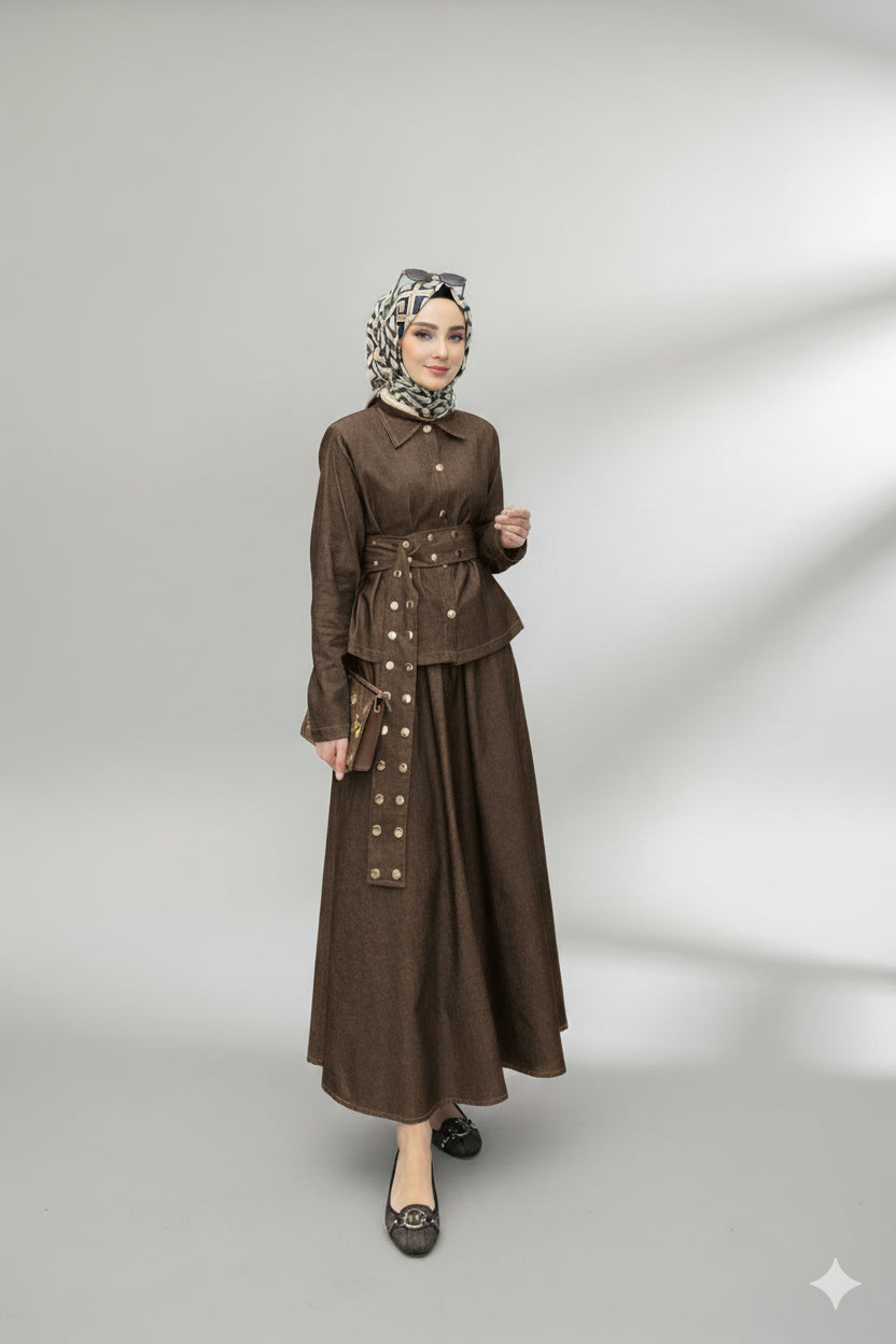 Dora Gold Düğmeli İkili Tok Takım Kahverengi