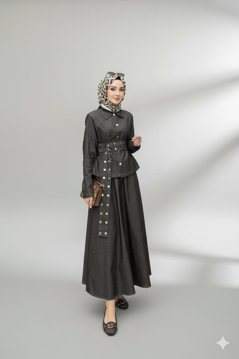 Dora Gold Düğmeli İkili Tok Takım Kahverengi