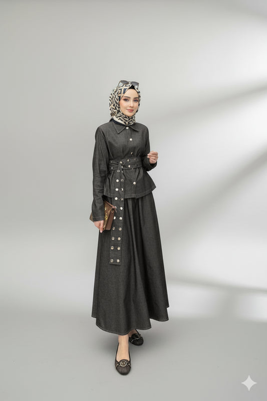 Dora Gold Düğmeli İkili Tok Takım Kahverengi