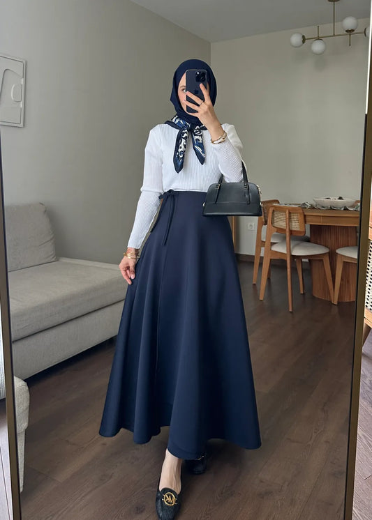 Yandan Bağlamalı Scuba Etek Lacivert